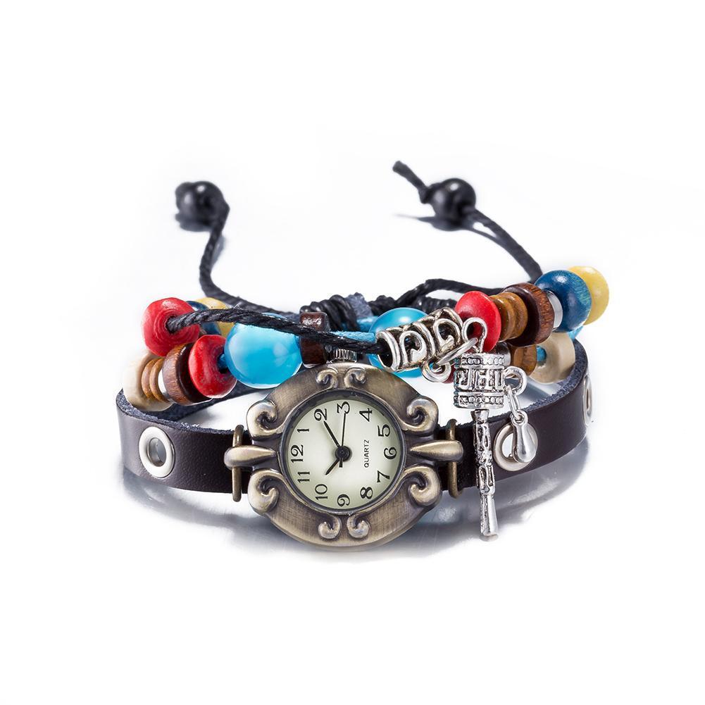 Leather Bracelet with Stainless Steel Watch for Women