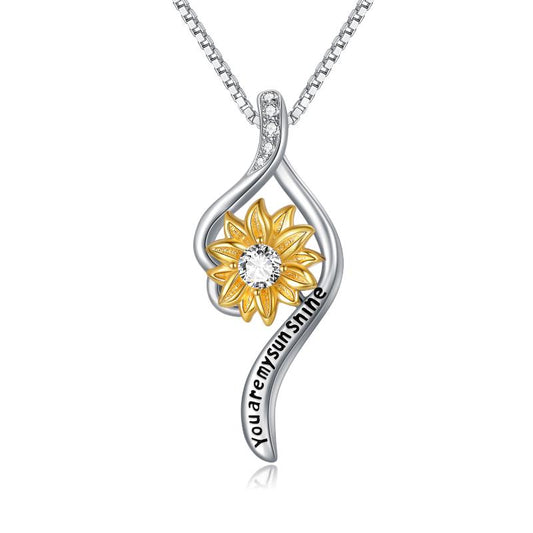 Sunflower Pendant Necklace 925 Sterling Silver You Are My Sunshine Sunflower Necklace Jewelry with White Cubic Zirconia