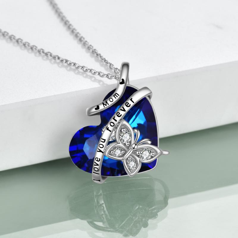 Butterfly Necklace for Mom Sterling Silver Heart Crystal Jewelry