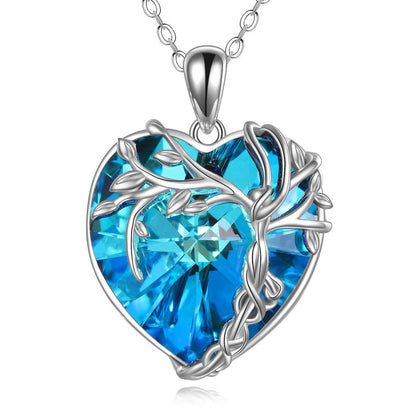 Sterling Silver Blue Crystal Heart Pendant Tree of Life Necklace