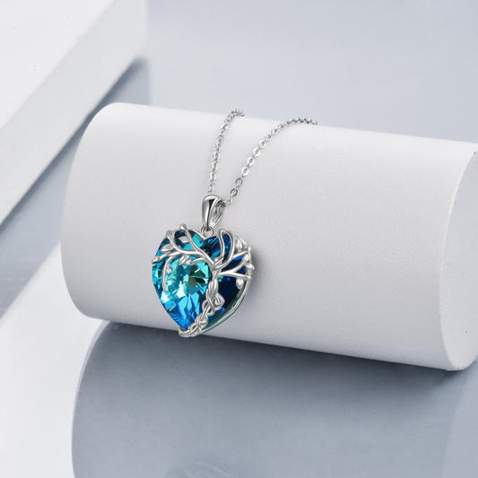 Sterling Silver Blue Crystal Heart Pendant Tree of Life Necklace