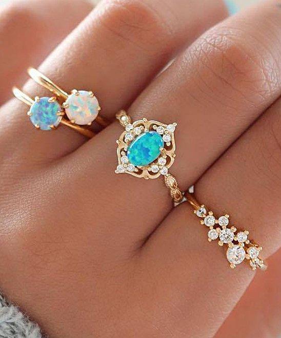 Blue & 18k Gold-Plated Ring With Austrian Crystals - Set of 4 ITALY Made