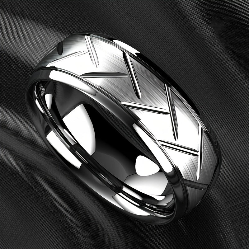 8MM Double Grooves Tire Ring - Men's Black / Titanium Steel Ring