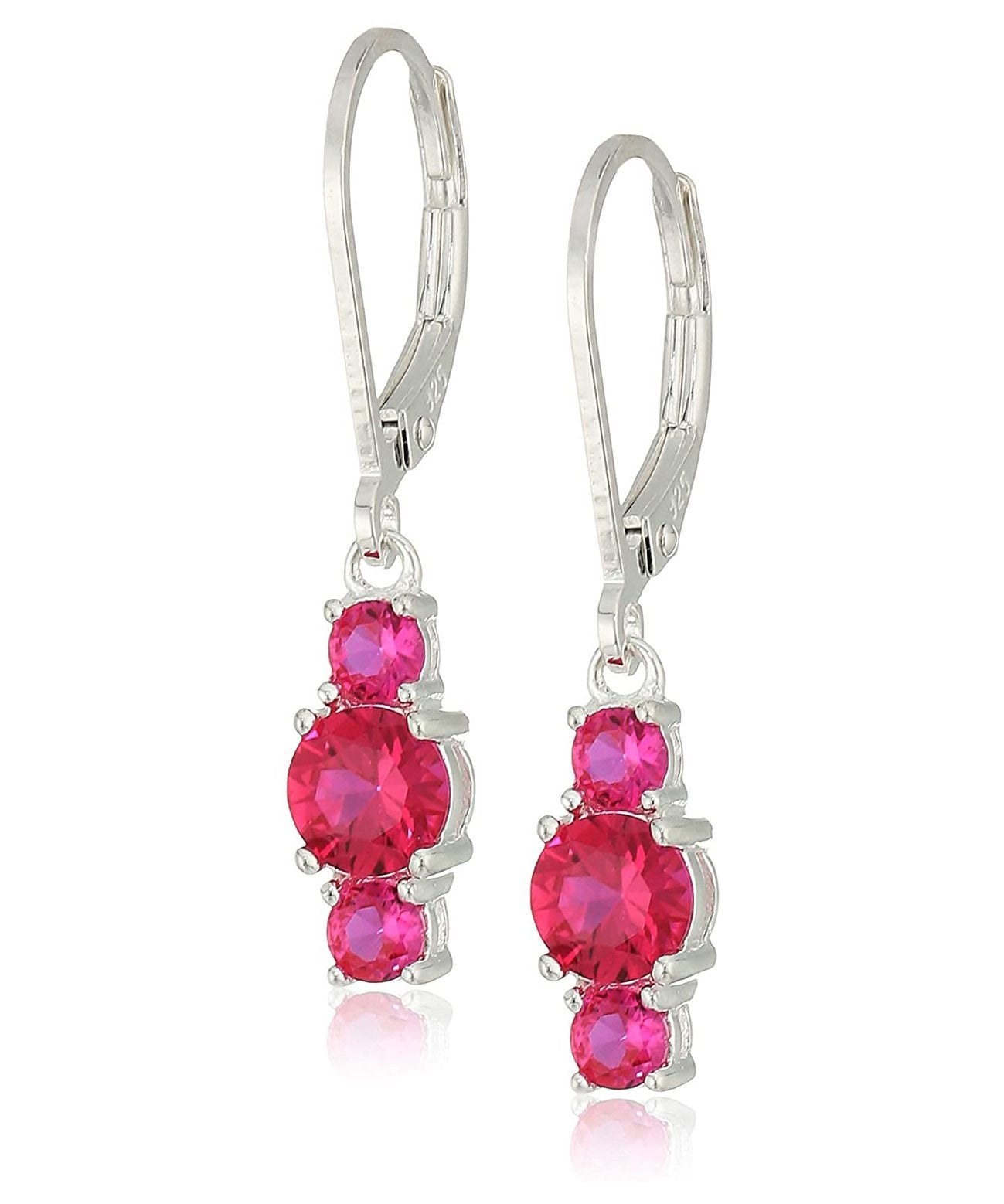 Three Stone Lever Back Dangle With Austrian Crystals - Ruby in 18K White Gold Plated
