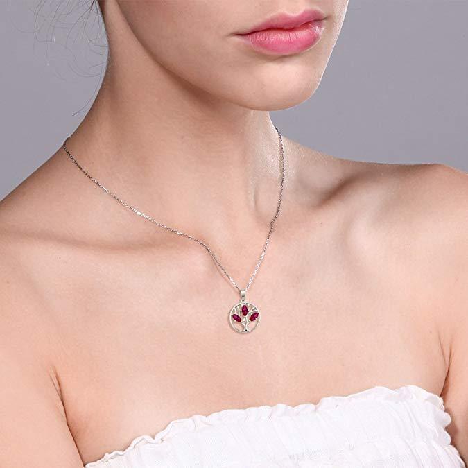 Motherly 2.00 CT Ruby Pear Cut Tree Of Life Necklace in 18K White Gold Plated BOGO