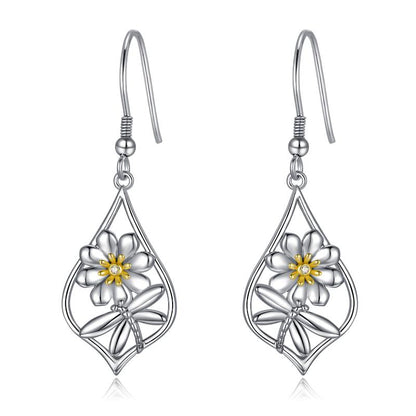 Sterling Silver Daisy Flower Dangle Drop Hooks Earrings for Women Teens