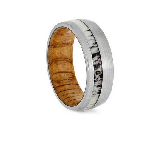 8MM Comfort Fit Titanium Antler and Whiskey Barrel Ring