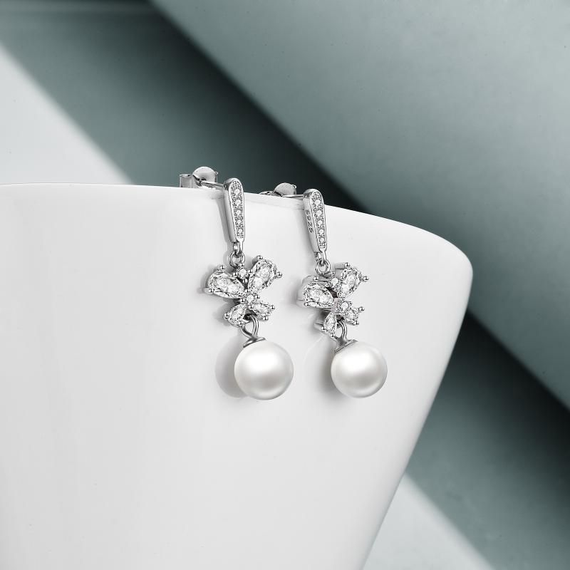 Butterfly Sterling Silver Cubic Zirconia Dangle Drop Earrings with Pearl for Women