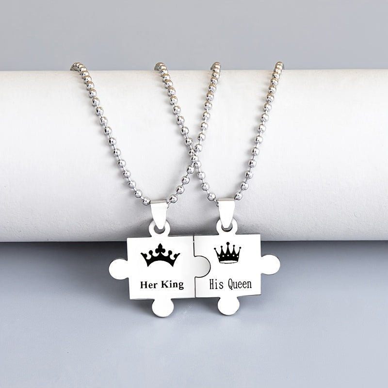King and Queen Puzzle Pendant Necklace Gift Couples Necklace