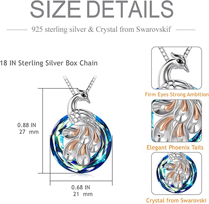 Phoenix Pendant Necklace Sterling Silver Jewelry with Crystal