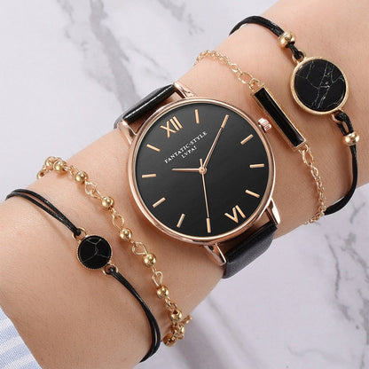 Luxury Women's Set 5pcs Leather Quartz Watch