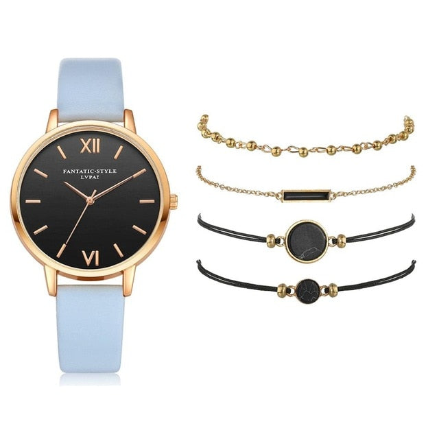 Luxury Women's Set 5pcs Leather Quartz Watch