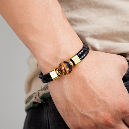 Leather Bracelet Natural Round Tiger Eye Stone Men Bracelets