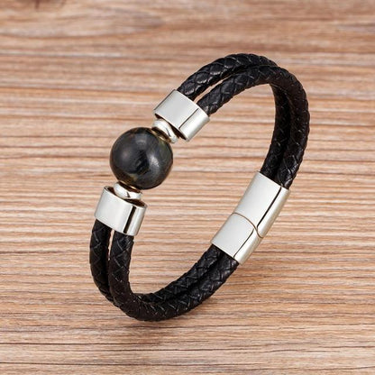 Leather Bracelet Natural Round Tiger Eye Stone Men Bracelets