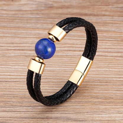 Leather Bracelet Natural Round Tiger Eye Stone Men Bracelets