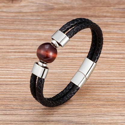 Leather Bracelet Natural Round Tiger Eye Stone Men Bracelets