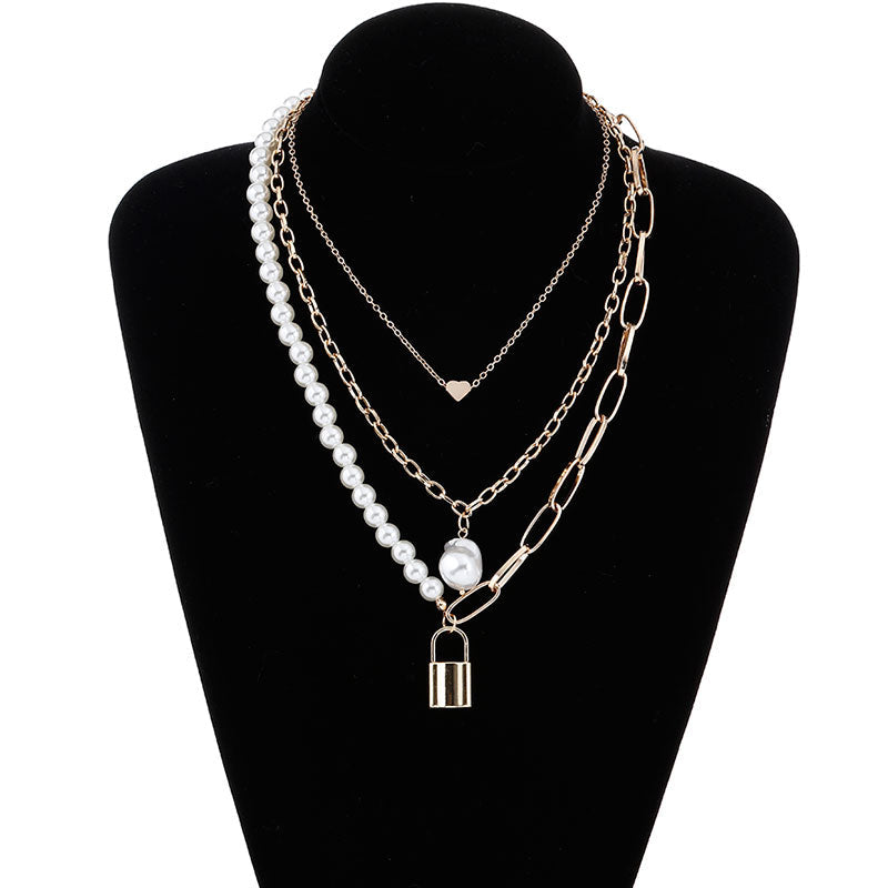 Layered Pearl Gold and Silver Necklace with Pendant For Women