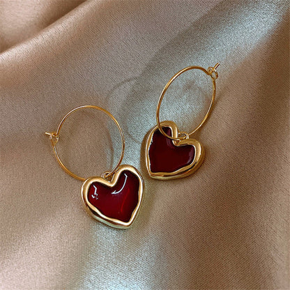 Burgundy Enamel Heart Earrings for Women