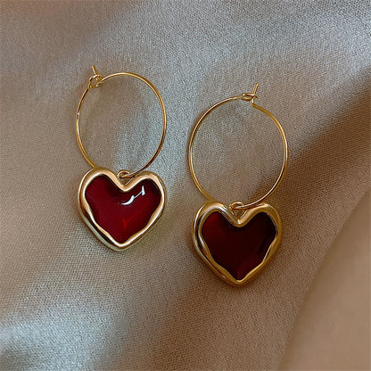 Burgundy Enamel Heart Earrings for Women