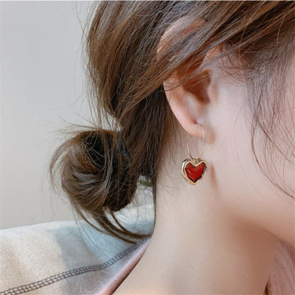 Burgundy Enamel Heart Earrings for Women