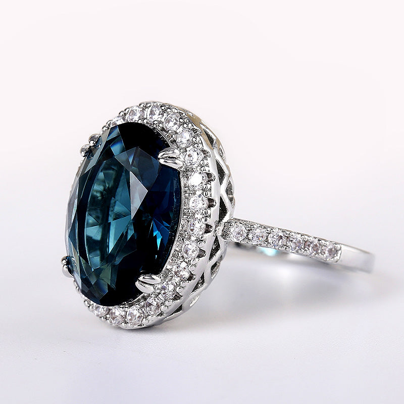 Charming 925 Silver Plated 4 Prong Oval Blue Gemstone Rings For Women